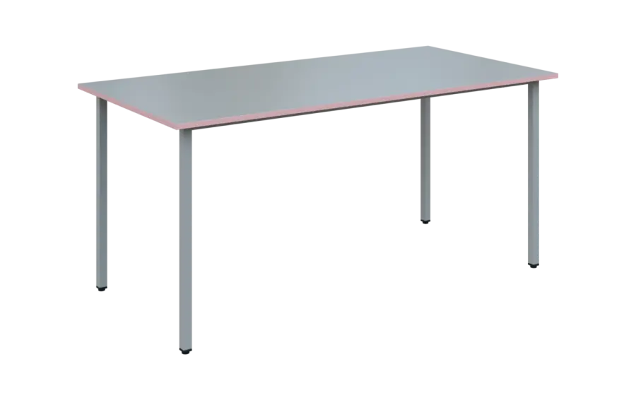 JSB 160N Jídelní stůl 1600 x 800 mm, deska šedá s hranou pastelově růžová / podnož stříbrná